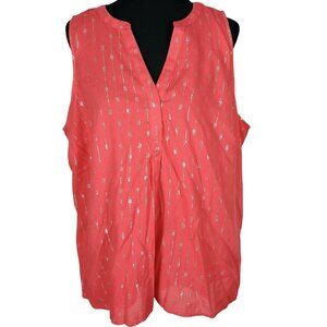 Crown & Ivy Womens Sleeveless Coral Pink Silver Print‎ Tunic Blouse 2X